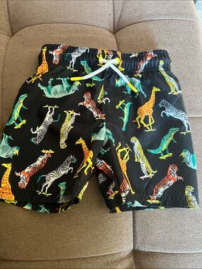 Cat & Jack Black Swim Shorts with Multicolor Safari Animal Print